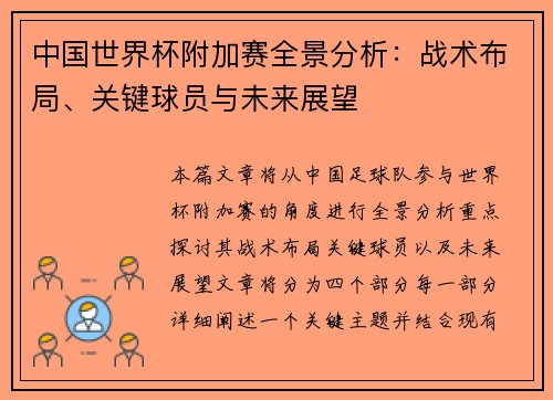 中国世界杯附加赛全景分析：战术布局、关键球员与未来展望